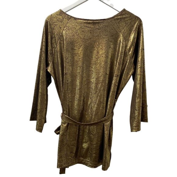 SUSAN GRAVER Womens Top Medium Gold Metallic Stretch Tunic 3/4 Sleeve w/ Belt - Picture 6 of 10